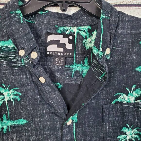 BKLYNSURF Men’s Button Up Shirt Large Black Green Palm Tree Print Short Sleeve 1 - Picture 3 of 7